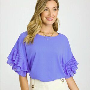 NWT Laura Plissé Ruffle Sleeve Top Vintage Blue Medium